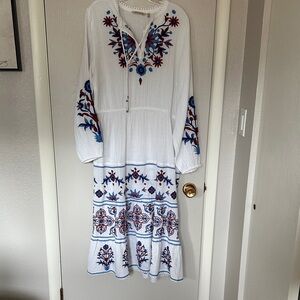 Soft Surroundings White Dress with Blue and Red Embroidery